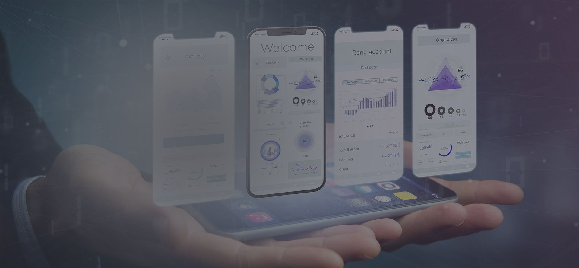 Mobile app interface showcase on smartphone screens